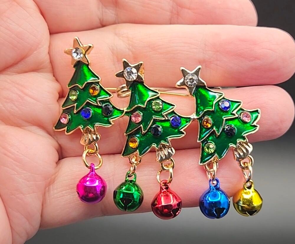 Jingle Bell Christmas Trees Brooch Enamel and Rhinestone Festive Holiday Pin